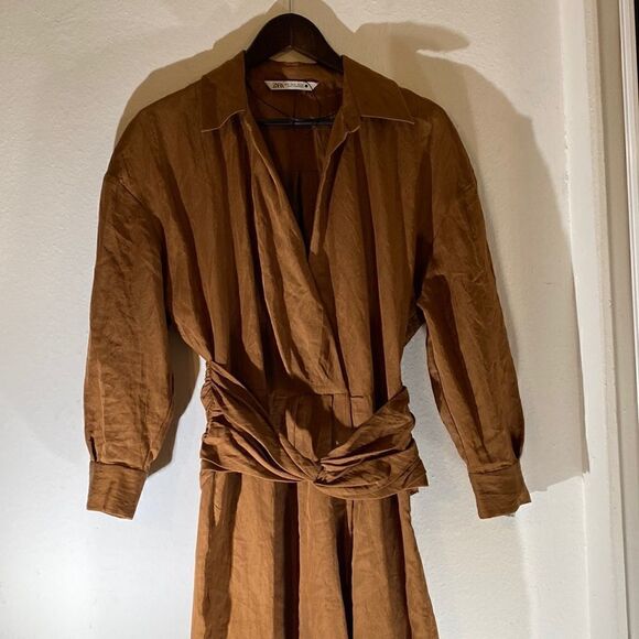NWOT ZARA Blogger Favorite Brown Caramel Draped Shirt Maxi Dress - Picture 8 of 15
